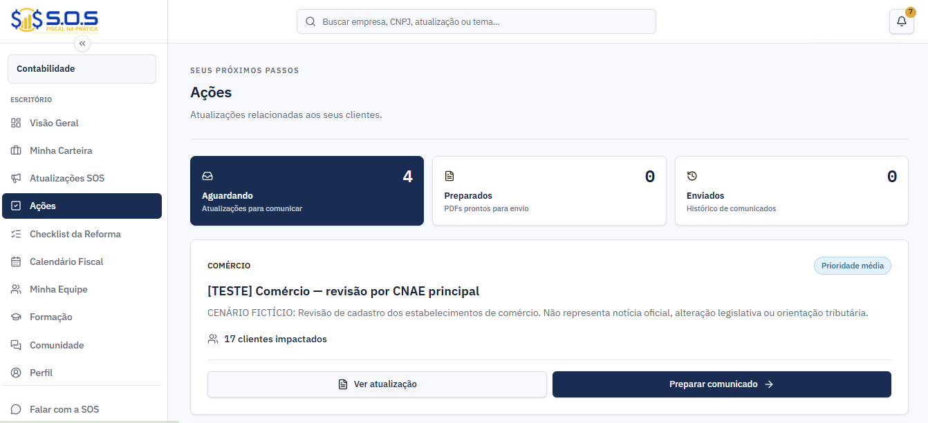 Tela real de Ações da Camada SOS com dados de teste