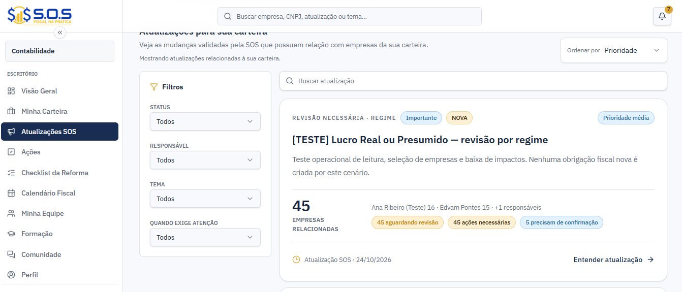 Tela real de Atualizações SOS da Camada SOS com dados de teste